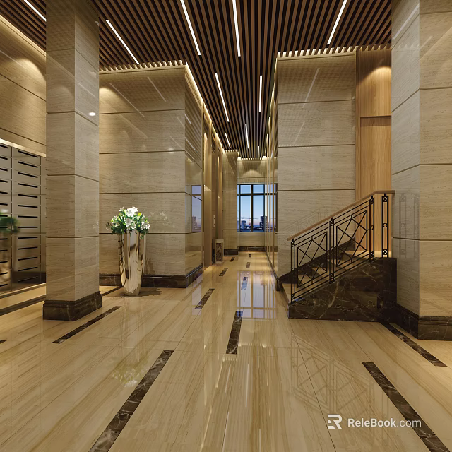 Elegant Modern Elevator Lobby With Marble Floor Columns Lighting And Staircase 3d model 