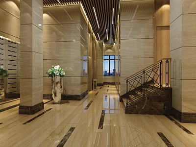 Elegant Modern Elevator Lobby With Marble Floor Columns Lighting And Staircase 3d model
