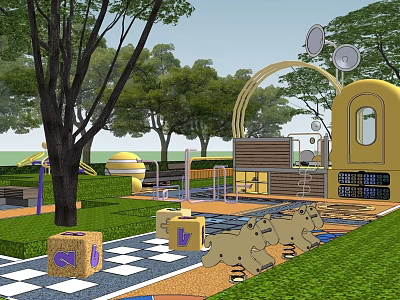 Outdoor Children's Playground With Green Trees Yellow Playhouse Checkerboard Floor And Letter Blocks 3d model
