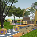 Outdoor Children's Playground With Green Trees Yellow Playhouse Checkerboard Floor And Letter Blocks