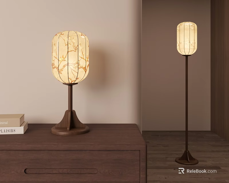 Translucent Patterned Table Lamp and Floor Lamp with Light Shades on Wooden Cabinet and Floor 3d model 
