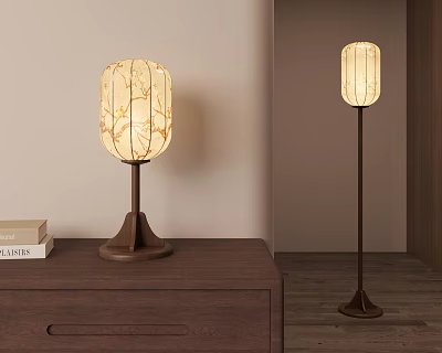 Translucent Patterned Table Lamp and Floor Lamp with Light Shades on Wooden Cabinet and Floor 3d model