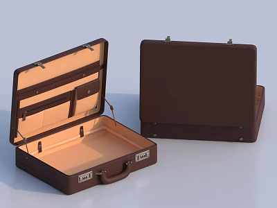 Brown Leather Briefcase Open And Closed With Inner Compartments Orange Lining 3d model