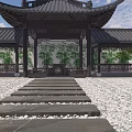 Traditional Chinese Garden Landscape With Pavilion Stone Steps Pebble Ground And Green Plants
