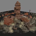Natural Desert Landscape With Red Stone Tower Surrounded By Red Rocks Dry Wood And Grass