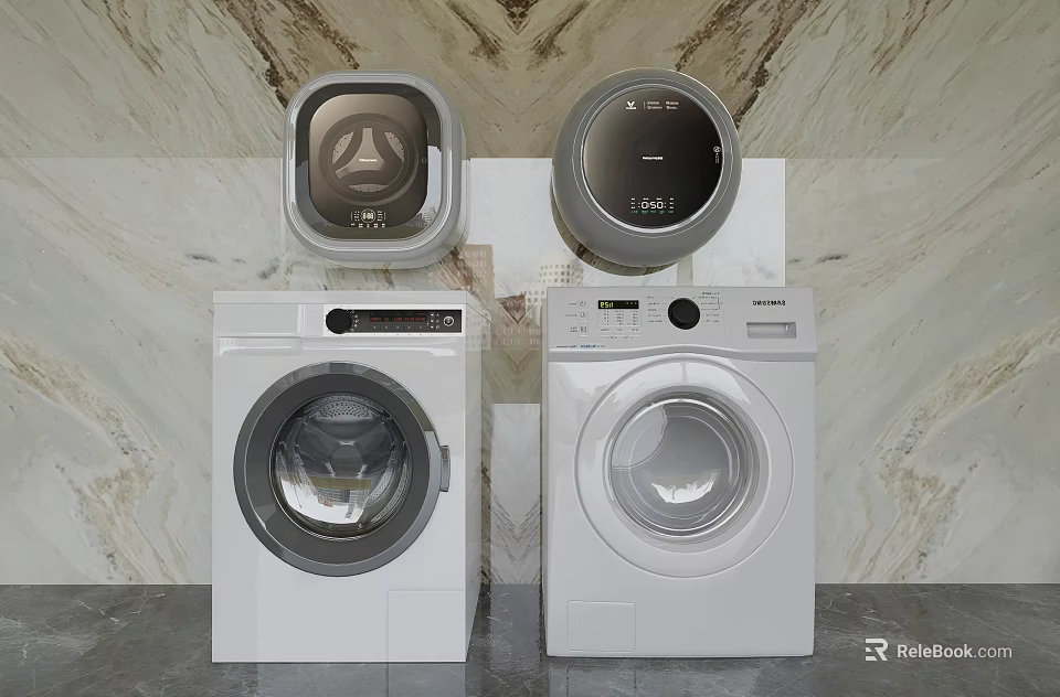 Two Modern White Front Load Washing Machines With Control Panels And Top Units 3d model 
