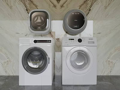 Two Modern White Front Load Washing Machines With Control Panels And Top Units 3d model