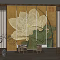 Modern Linen Curtain With Large Lotus Print In Living Room Interior
