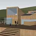 Modern Wooden Architecture Design With Multi Level Roofs Outdoor Seating Grass Landscape