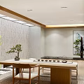 Modern Zen Tea Room With Wooden Shelves Tea Table Plants And Stone Path