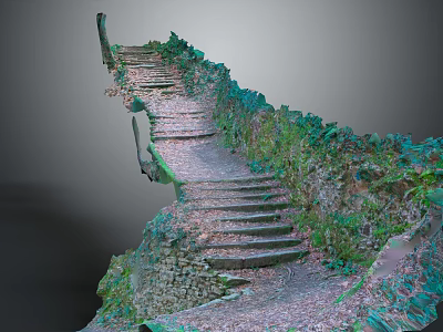 Natural Stone Stairs in Outdoor Setting with Lush Greenery and Weathered Steps 3d model