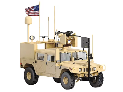 Beige Military Hummer Vehicle Featuring American Flag Antennas And Roof Equipment 3d model