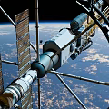 Circular Space Station With Solar Panels Orbiting Earth In Cloudy Sky