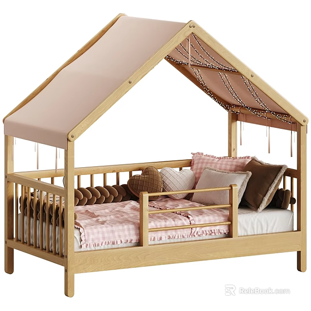 Wooden Kids Bed With House Shaped Fabric Roof And Pink Checkered Bedding 3d model 