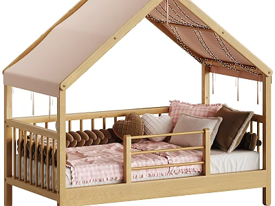 Wooden Kids Bed With House Shaped Fabric Roof And Pink Checkered Bedding 3d model