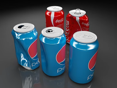 Blue Pepsi And Red Coca Cola Soft Drink Cans With Open And Closed Lids 3d model