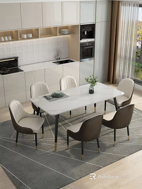 Modern Dining Table Set With Marble Top Upholstered Chairs And Green Plant In Kitchen 3d model 