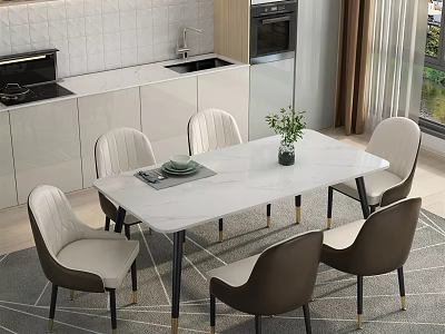 Modern Dining Table Set With Marble Top Upholstered Chairs And Green Plant In Kitchen 3d model