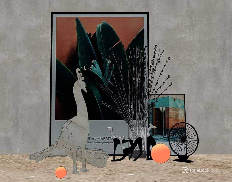 Modern Ornamental Decor Combination With Leaf Art Sculpture Pampas Grass And Round Balls 3d model 