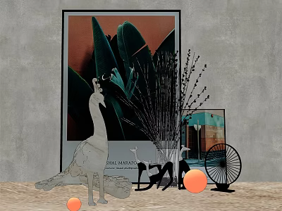 Modern Ornamental Decor Combination With Leaf Art Sculpture Pampas Grass And Round Balls 3d model