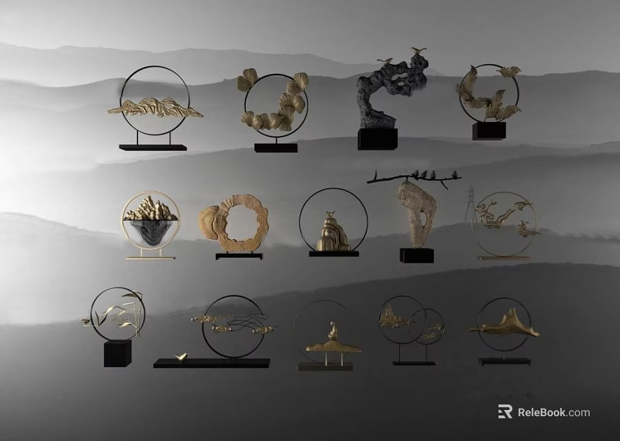 Modern Minimalist Ornament Decoration Set With Circular Frames Tree Shaped Sculptures And Mountain Inspired Ornaments 3d model 
