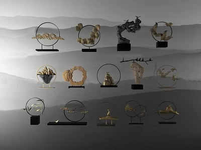 Modern Minimalist Ornament Decoration Set With Circular Frames Tree Shaped Sculptures And Mountain Inspired Ornaments 3d model