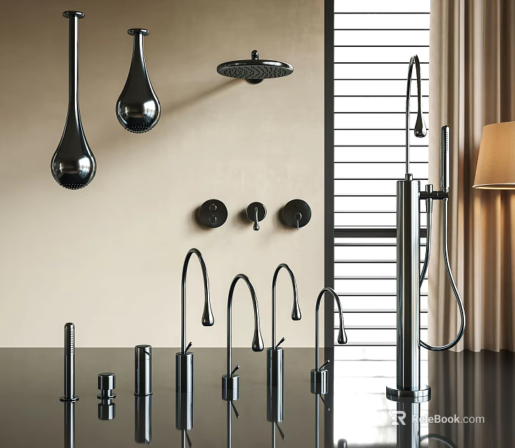 Modern Shower And Kitchen Faucets With Sleek Wall Mounted Metallic Designs 3d model 
