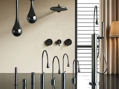 Modern Shower And Kitchen Faucets With Sleek Wall Mounted Metallic Designs 3d model