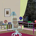 Cozy Home Office Study With Orange Chair Wooden Desk Computer Monitor And Wall Art