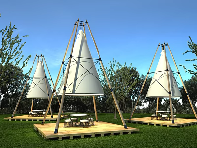 White Conical Garden Features With Wooden Frames Platforms Tables And Chairs On Grass 3d model