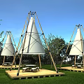White Conical Garden Features With Wooden Frames Platforms Tables And Chairs On Grass