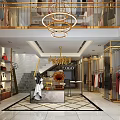 Luxury Modern Clothing Store Interior With Golden Racks Chandeliers And Mannequin