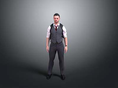 Man In Grey Vest White Shirt And Red Tie Standing Against Grey Background 3d model