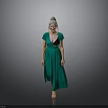 Woman In Green Deep V Neck Dress With Updo Hairstyle Walking On Gray Background