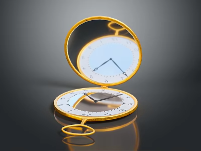 Open Gold Pocket Watch with White Dial and Black Hands on Dark Background with Reflection 3d model