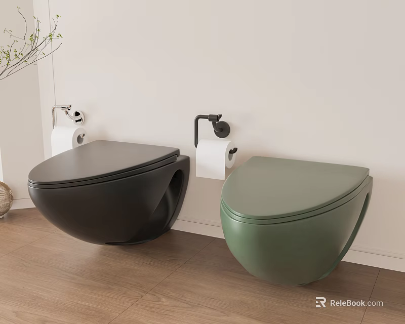 Modern Wall Mounted Black And Green Toilets In Bathroom With Wooden Floor 3d model 