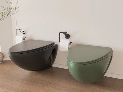 Modern Wall Mounted Black And Green Toilets In Bathroom With Wooden Floor 3d model