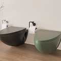 Modern Wall Mounted Black And Green Toilets In Bathroom With Wooden Floor