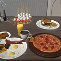 Delicious Assorted Food Spread With Pizza Hamburger Fried Eggs Bacon And Fruit Skewers