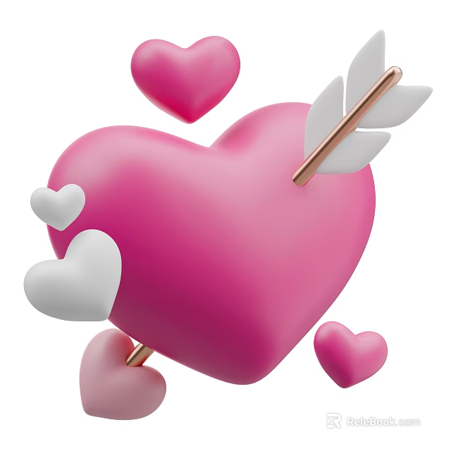 Pink and White Hearts Decorative Ornament Set with Golden Arrow and Small Heart Accents 3d model 