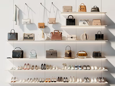Stylish Leather Handbags And Trendy Shoes On White Shelves Fashion 3d model