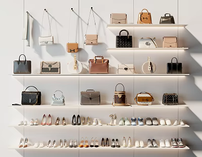 Stylish Leather Handbags And Trendy Shoes On White Shelves Fashion 3d model Stylish Leather Handbags And Trendy Shoes On White Shelves Fashion 3d model