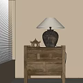 Wooden Bedside Table with Drawers Ceramic Lamp White Lampshade and Small Pagoda Ornament