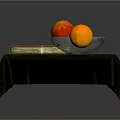 Green Tablecloth Covered Table With Golden Book Fruit Bowl For Home Living