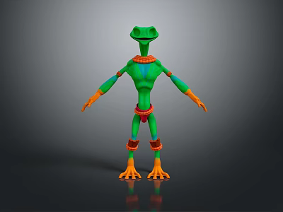 Anthropomorphic Fantasy Creature Character With Green Body Orange Hands And Red Decorations Standing Pose 3d model