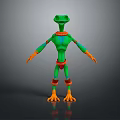 Anthropomorphic Fantasy Creature Character With Green Body Orange Hands And Red Decorations Standing Pose