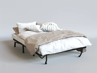 Double Bed With Black Metal Frame White Sheets Light Brown Blanket And Round Decorative Pillow 3d model