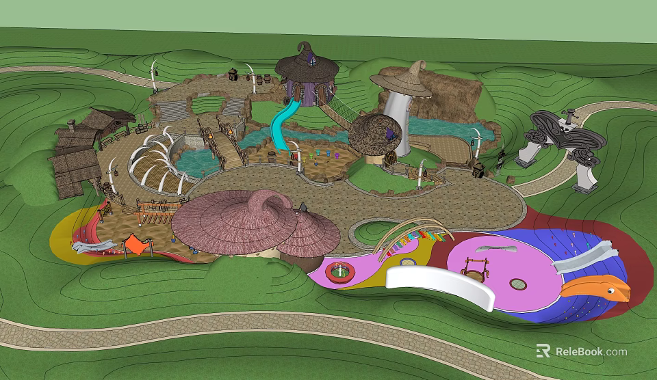 Playful Garden Landscape Design With Slide Mushroom Structures Colorful Ground And Winding Paths 3d model 