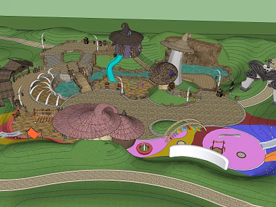 Playful Garden Landscape Design With Slide Mushroom Structures Colorful Ground And Winding Paths 3d model