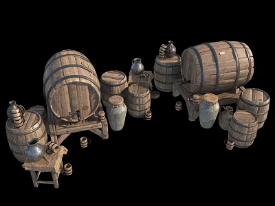 Vintage Household Supplies Display With Wooden Barrels Clay Jars And Metal Containers 3d model